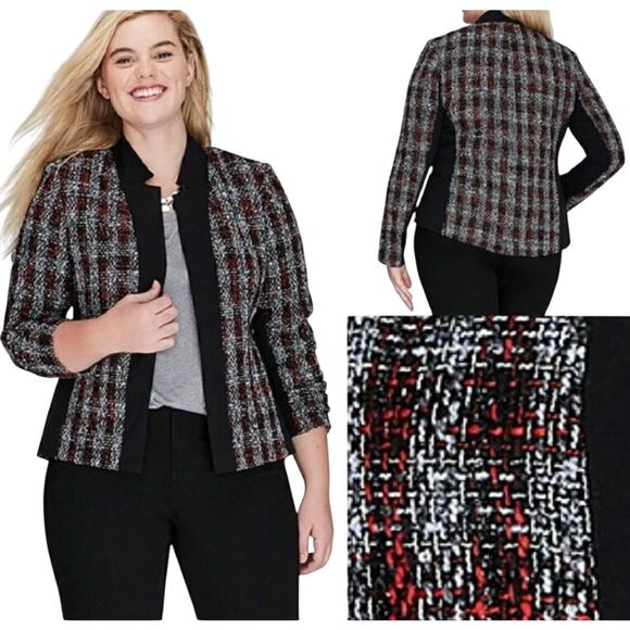 Lane Bryant Womens Blazer Size 14 Red, Metallic Black, Gray Boucle Lined Jacket - Picture 1 of 16